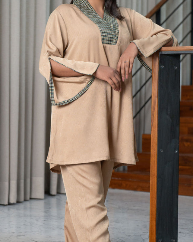 Women's V Neck Co-Ord Set Golden