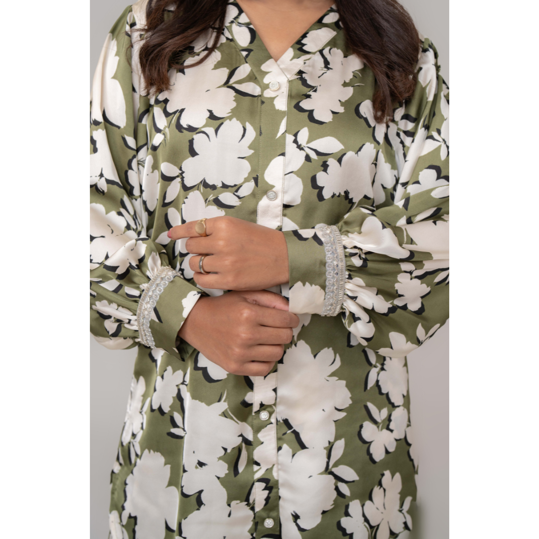 AOP Rayon Silk Co-Ord Olive & Beige
