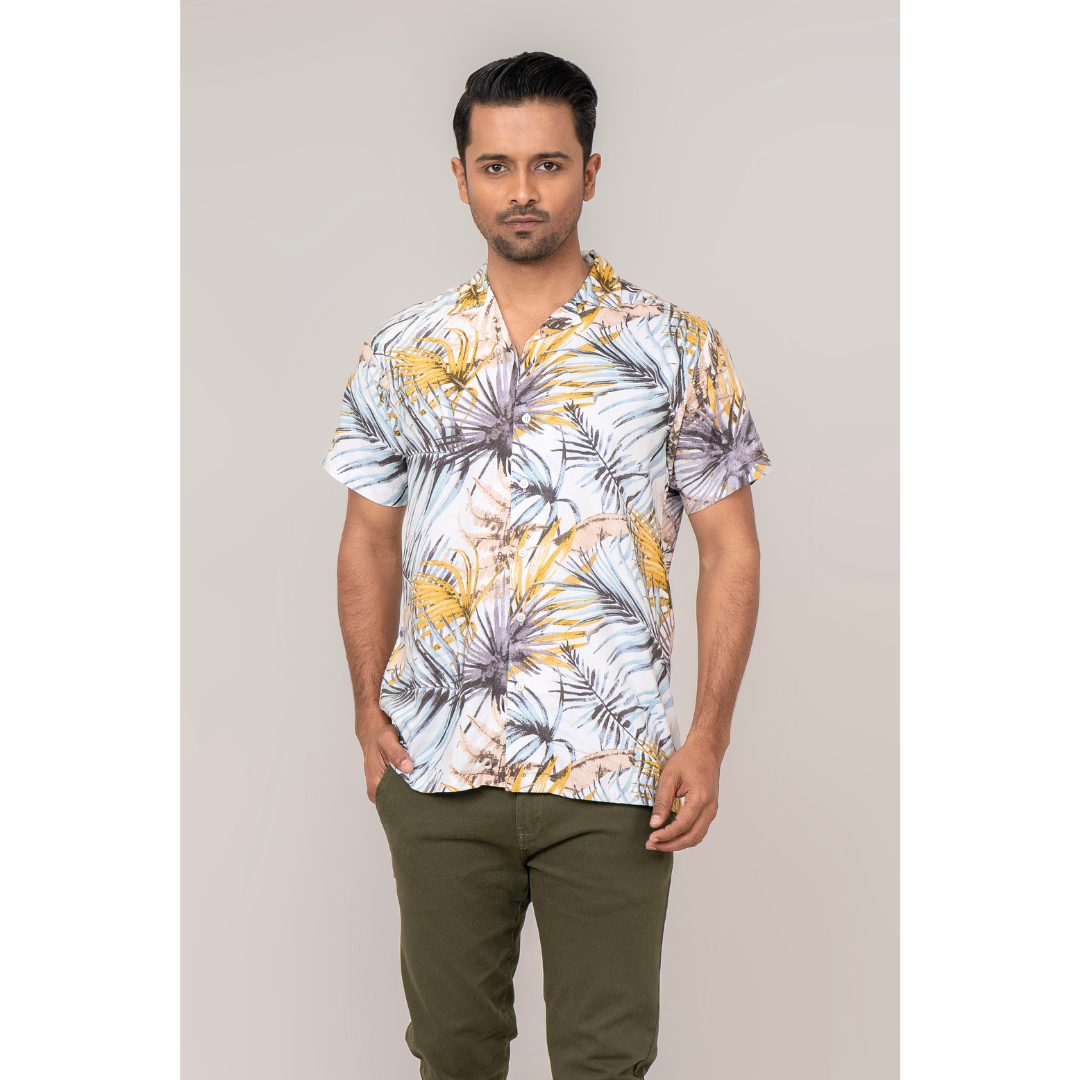 Men's Cuban Shirt Linen Yellow AOP