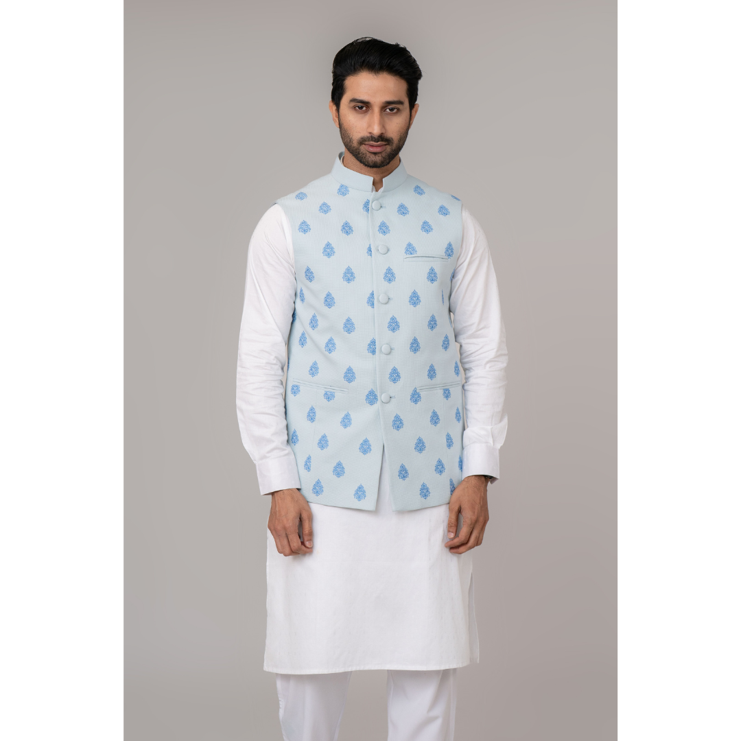 Men's Embroidered Waist Coat Lt. Blue