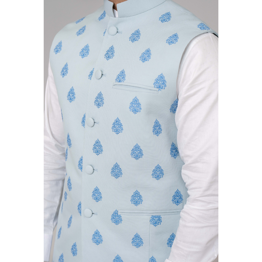 Men's Embroidered Waist Coat Lt. Blue