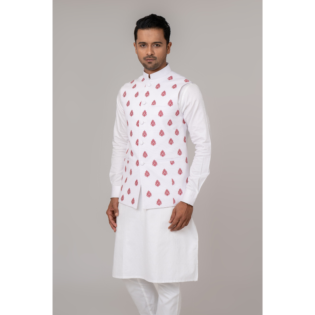 Men's Embroidered Waist Coat White