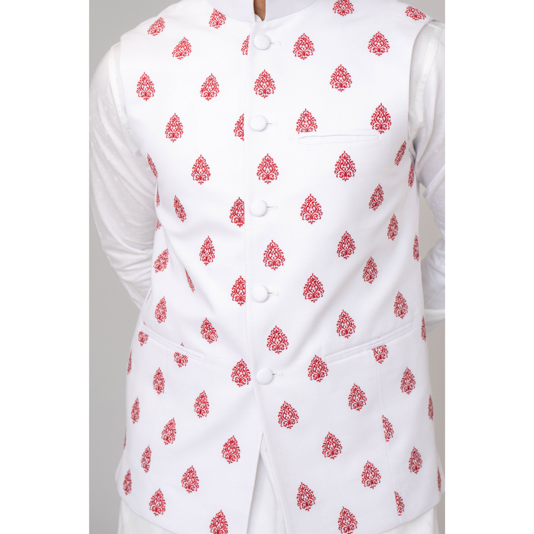 Men's Embroidered Waist Coat White