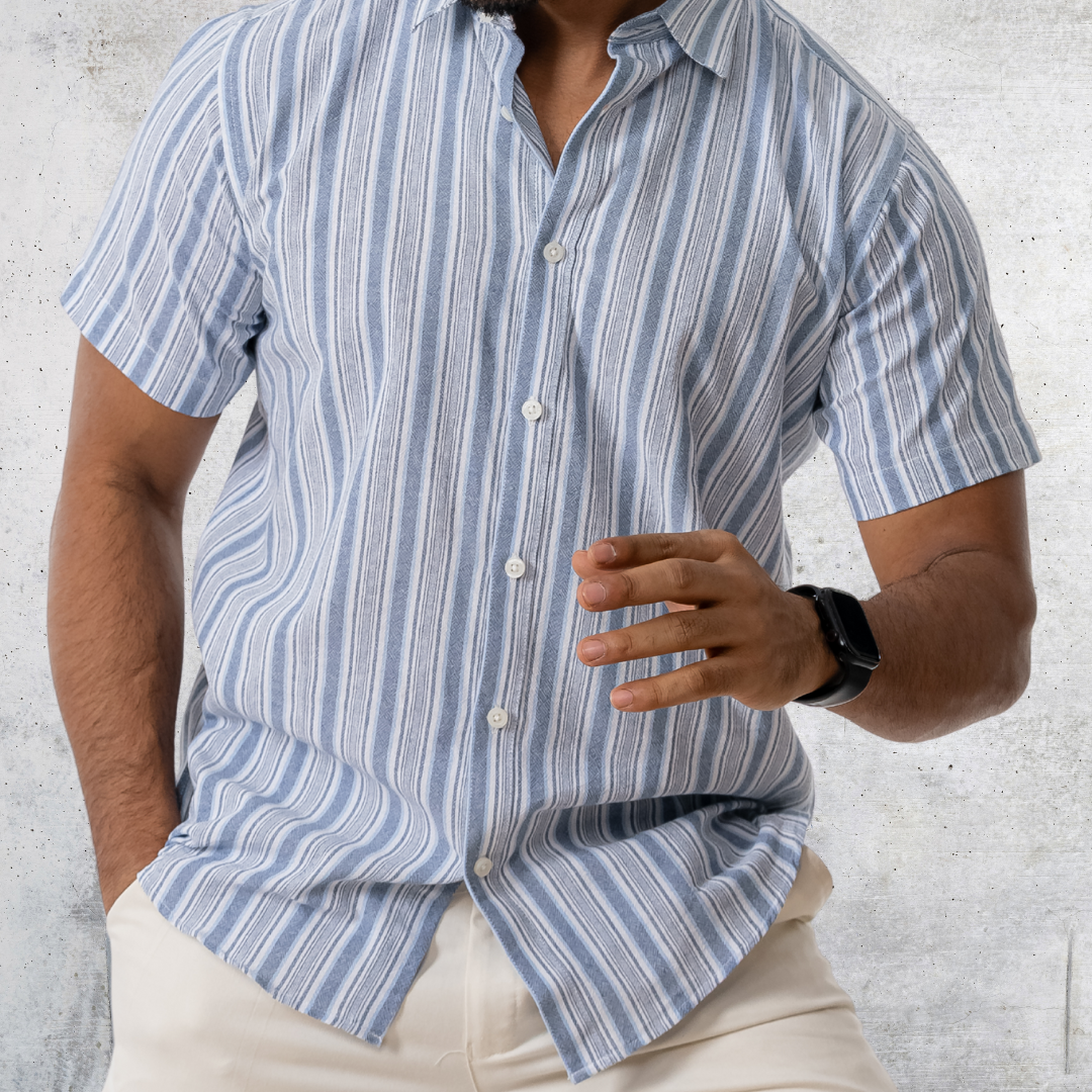 Men's Half Shirt White, Indigo & Sky