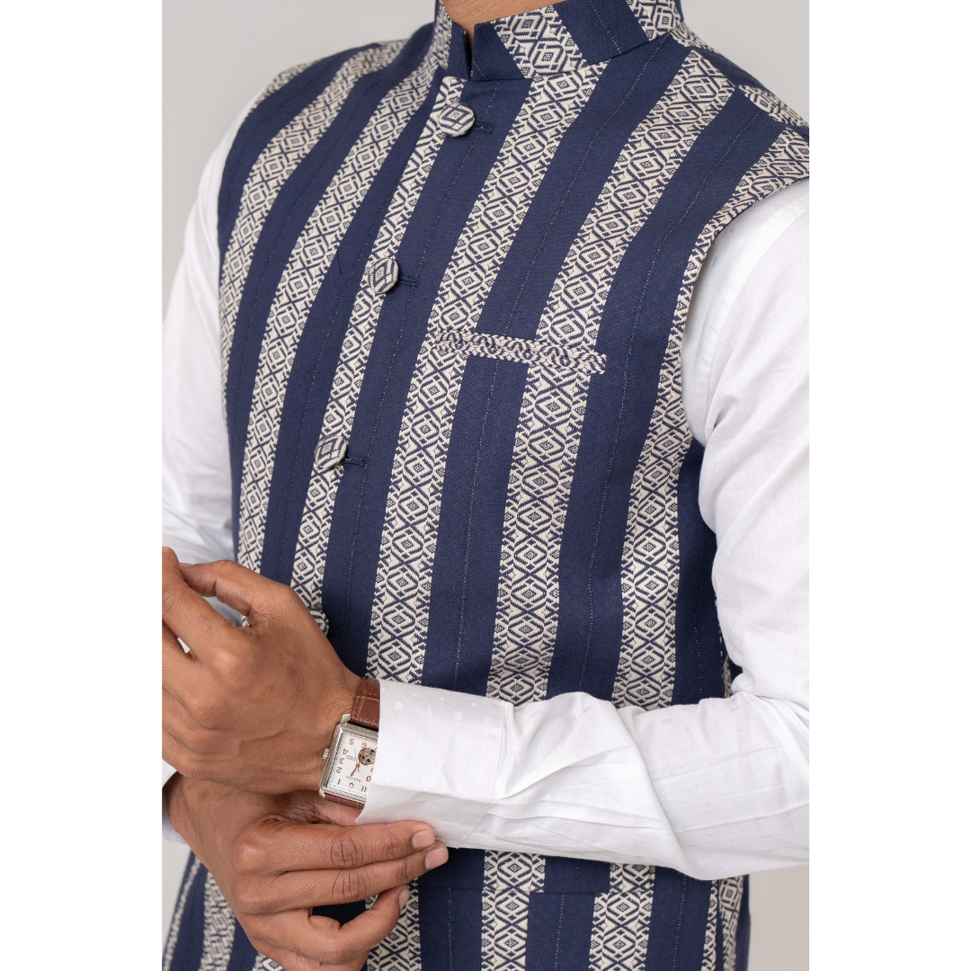 Men's Waist Coat Y/D Off White & Blue
