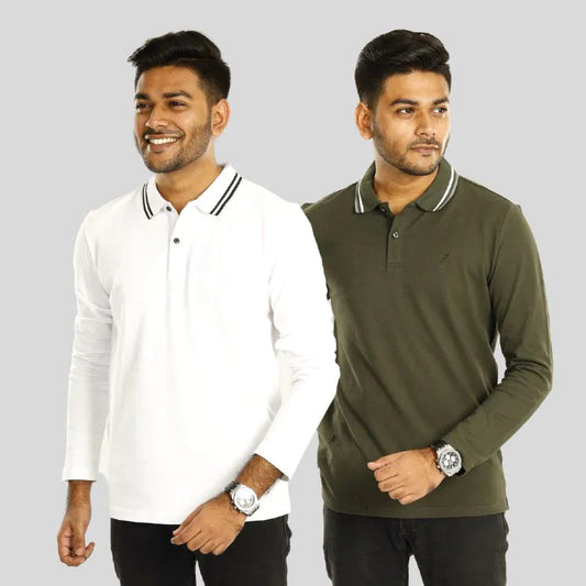 Full Sleeve Polo Combo (White & Olive)