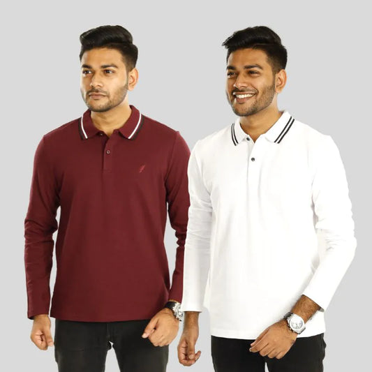 Full Sleeve Polo Combo (White & Burgundy)