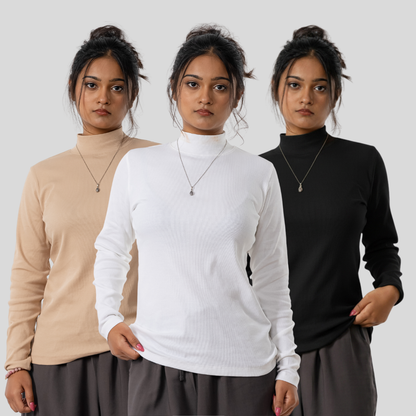 Women's T. Neck Tee Black,Beige & White