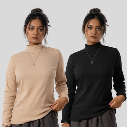 Women's T. Neck Tee Black & Beige