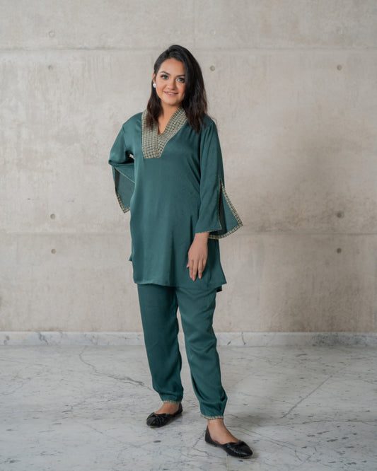 Women's V Neck Co-Ord Set Green