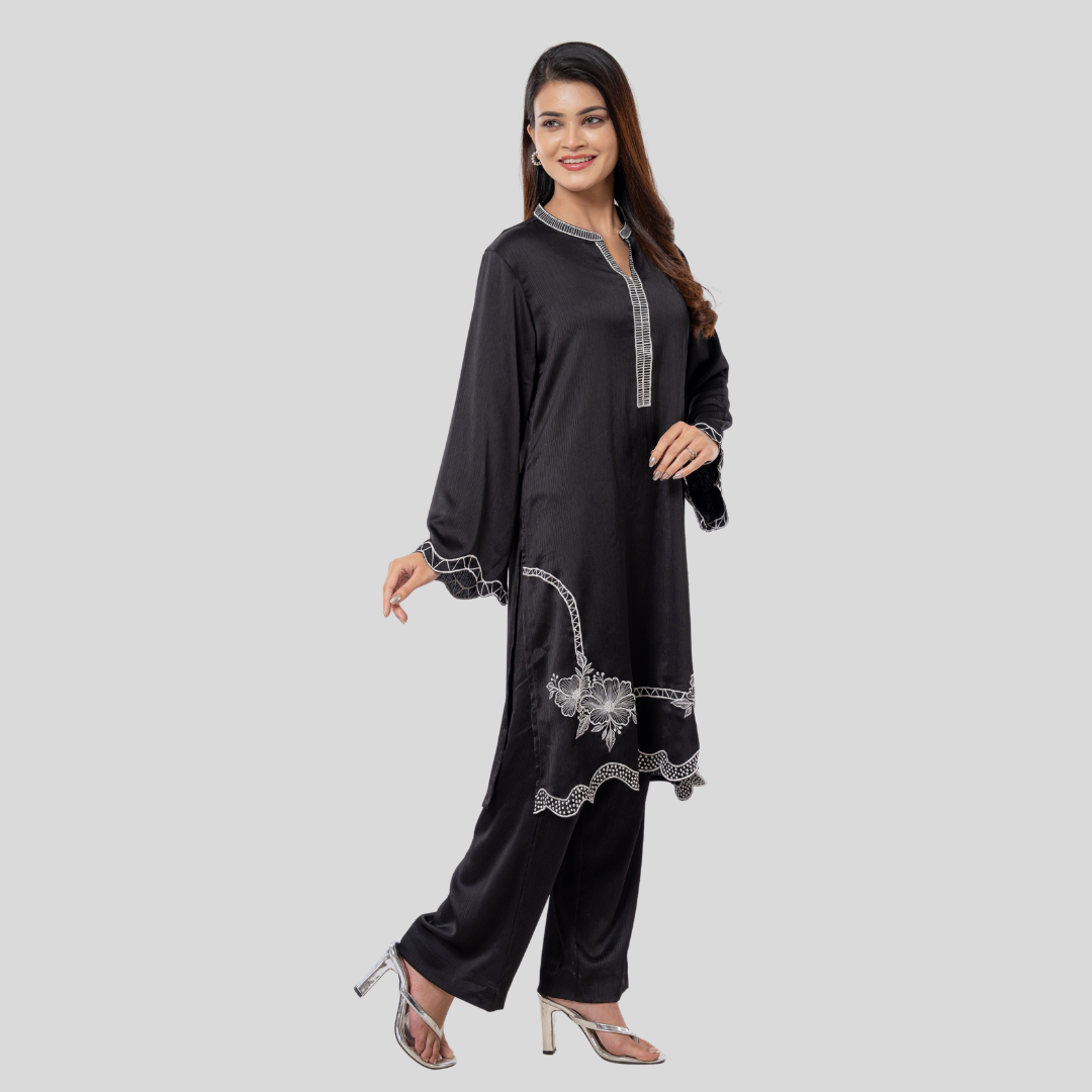 EMB Crepe Co-Ord Black