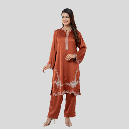 EMB Crepe Co-Ord Rust Brown