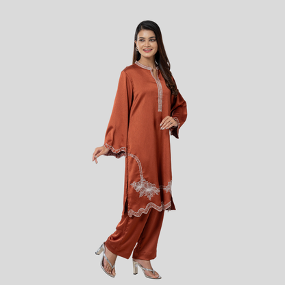 EMB Crepe Co-Ord Rust Brown