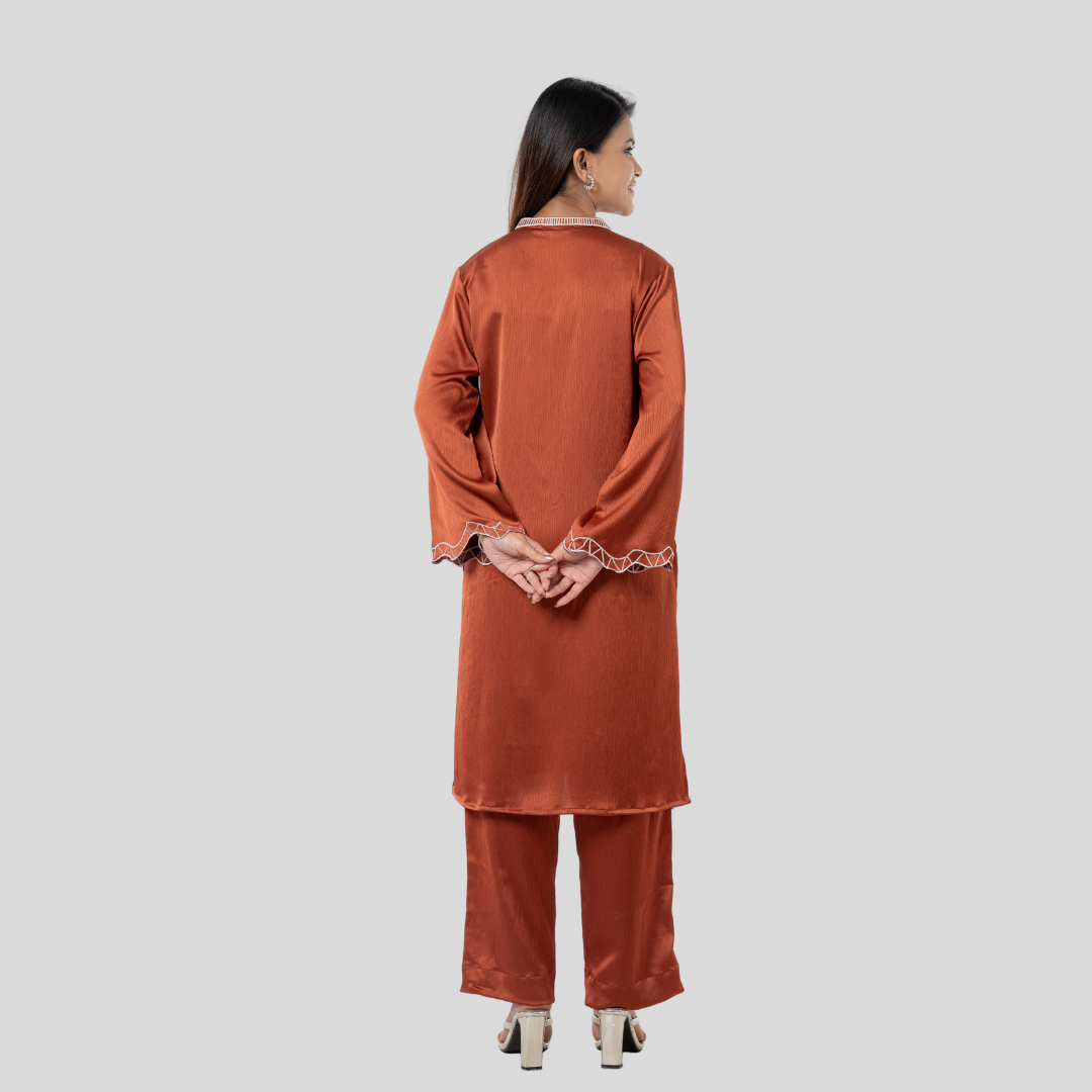 EMB Crepe Co-Ord Rust Brown