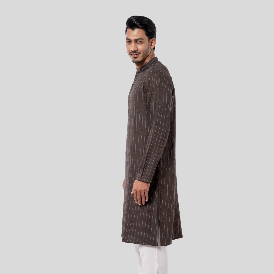 Men's Classic Y/D Panjabi Dark Olive & White
