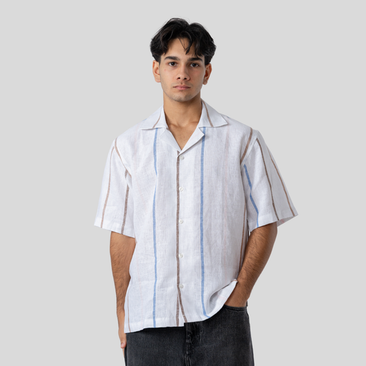 Oversized Cuban Shirt White, Blue & Coffee