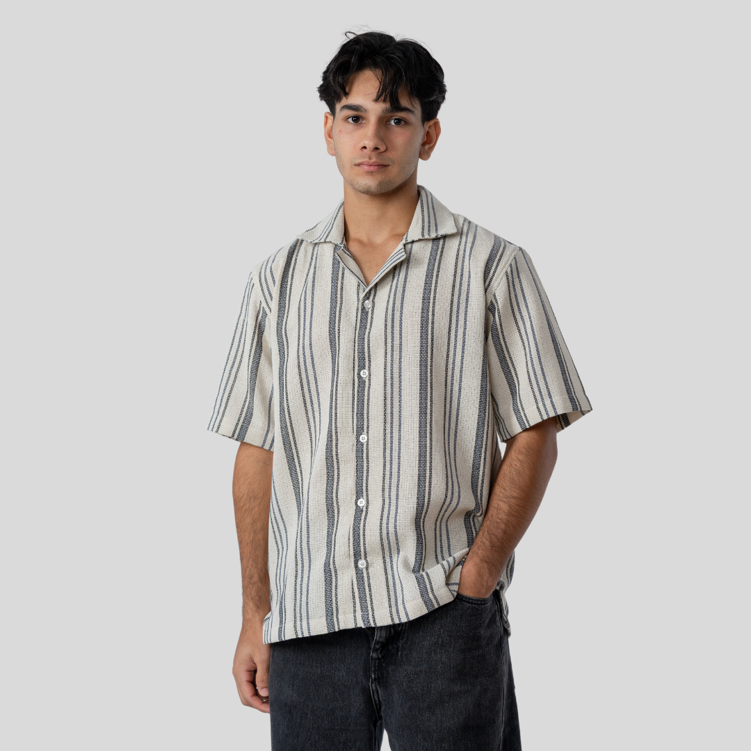 Oversized Cuban Shirt Off White & Blue Black Stripe