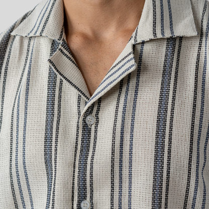 Oversized Cuban Shirt Off White & Blue Black Stripe