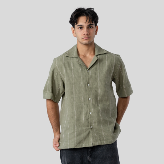 Oversized Cuban Shirt Olive & White