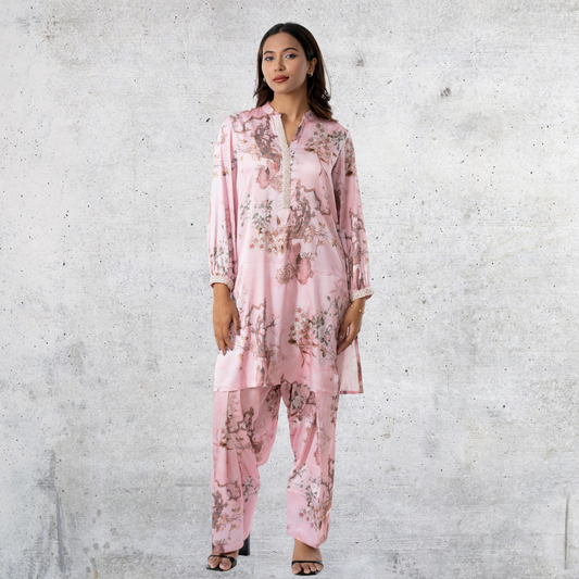 Women's AOP Rayon Silk Co-Ord Pink