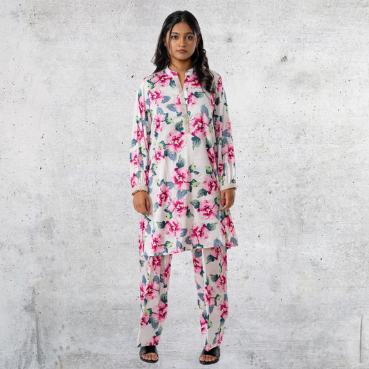 Women's AOP Rayon Silk Co-Ord White